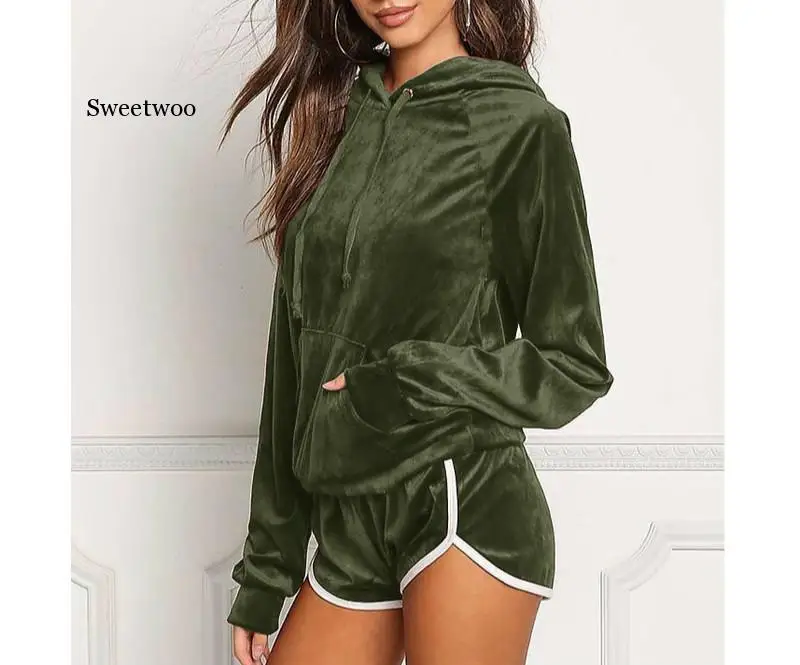 

Velvet autumn and winter new style hooded casual sports suit women