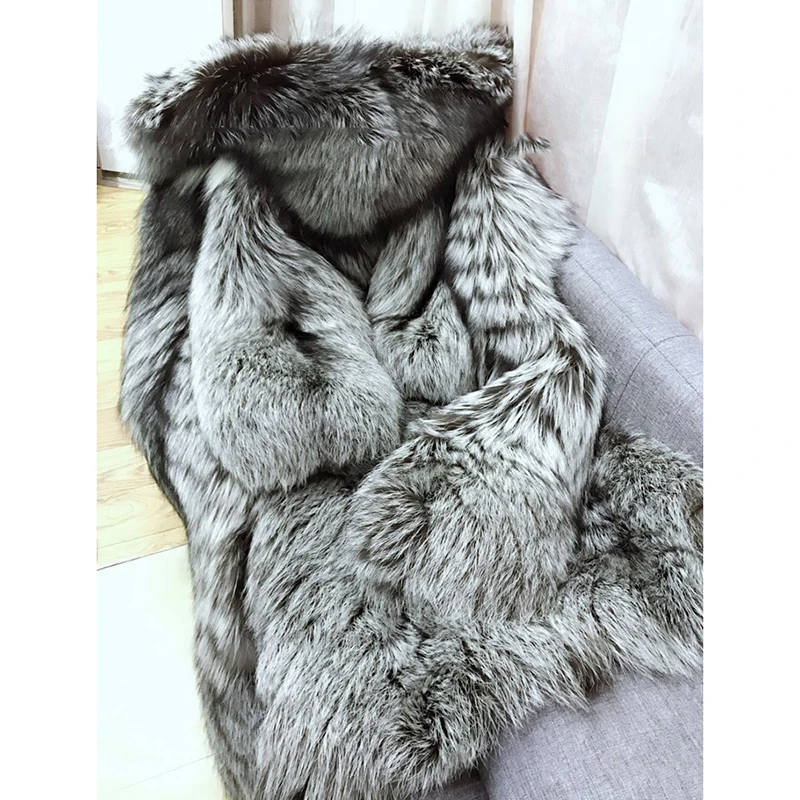 Меховая Sarcar супер Роскошная куртка из натурального меха для женщин, меховое пальто, модное плотное 120 см длинное натуральное зимнее меховое пальто из русской серебристой лисы