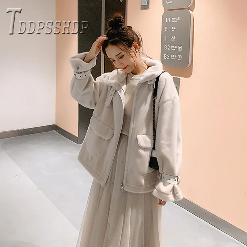 2019 Small Fragrance Imitation Rabbit Fur Women Coat Parkas Sweet Pocket Female Overcoat | Женская одежда