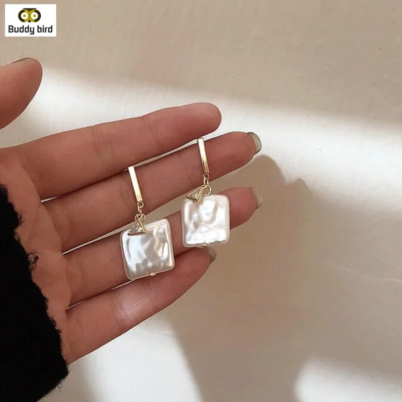 Женские асимметричные серьги с натуральным пресноводным квадратным жемчугом