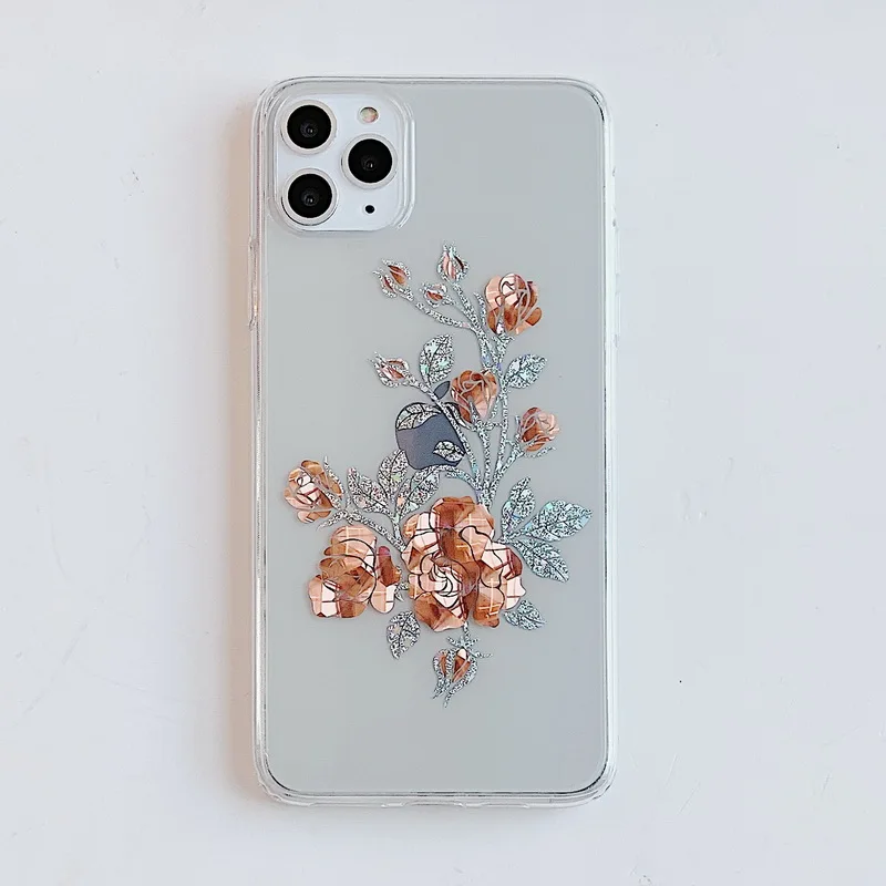 For iPhone 11 Pro Max XS XR X 8 7 Plus Gold Rose Gradient Glitter Leaf Clear Case Soft Transparent Cover |