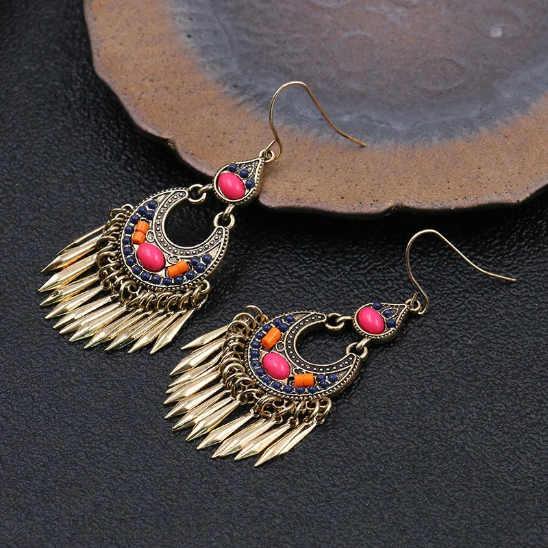 Богемные винтажные этнические длинные висячие серьги с синими бусинами золотые