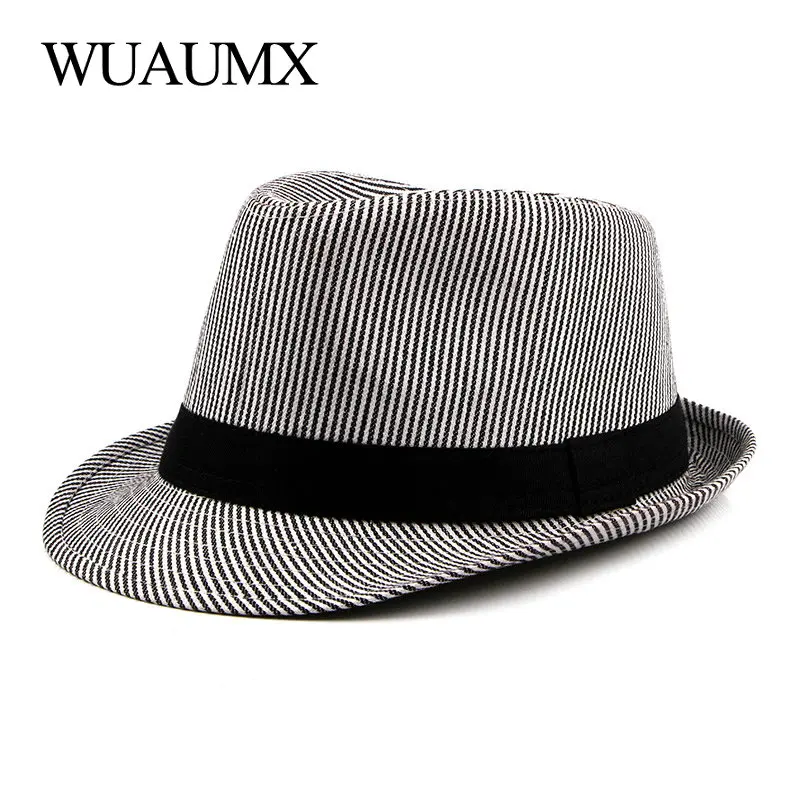 

Wuaumx Spring Summer Panama Hat Stripe Jazz Caps Men Top Fedoras Hat For Women Men Retro Bowler Hats Gentleman Classic Sun Hat