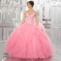 lace pink quinceanera dresses ball gown ruffle sequin tulle prom debutante sixteen sweet 16 dress vestidos de 15 anos