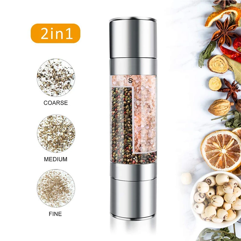 

2 in 1 Manual Stainless Steel Salt Pepper Mill Herb Spice Grinder Shakers Refillable Pepper Mill With Adjustable Ceramic Rotor