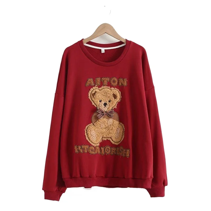 

Autumn 2021 New Japan Style Patch Harakuju Cartoon Bear Embroidery O-neck Red Long Sleeve Cotton Sweatshirt Women Pullover 22188