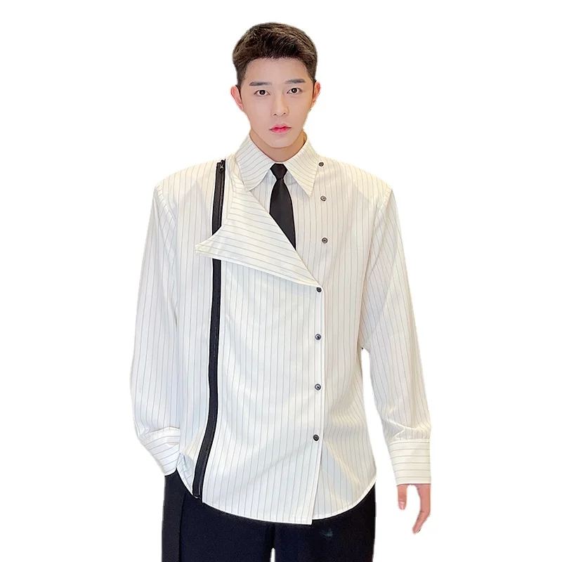 

Мужские рубашки на молнии с галстуком и длинным рукавом, полосатая рубашка, мужские топы, Корейская уличная одежда, модная свободная повсед...