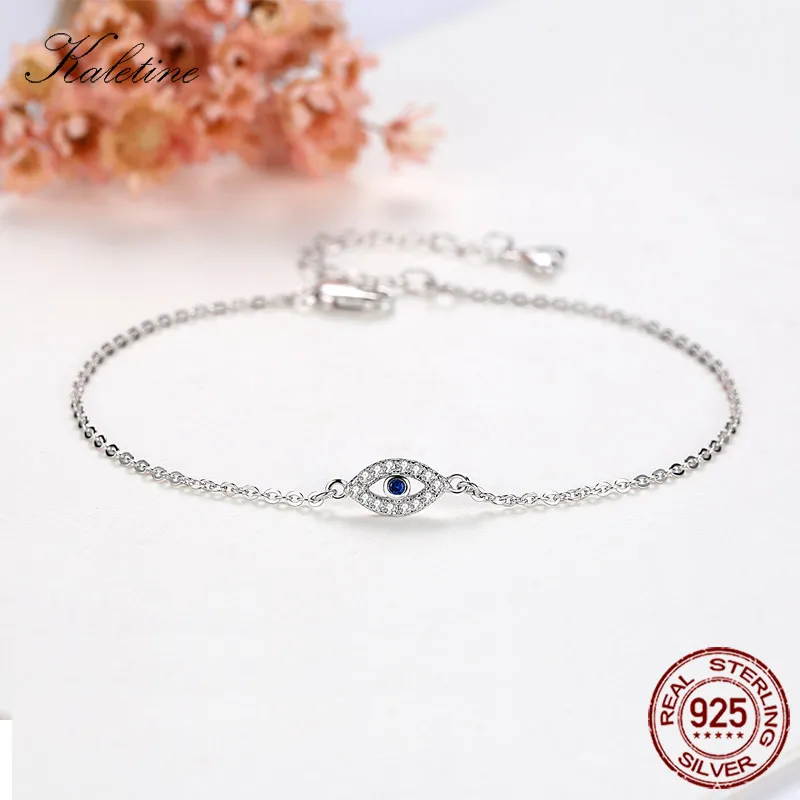 Браслет KALETINE Lucky Eye, браслеты из стерлингового серебра 925 пробы для женщин, голубые глаза, CZ, индейка, регулируемое мужское ювелирное изделие KLTB099