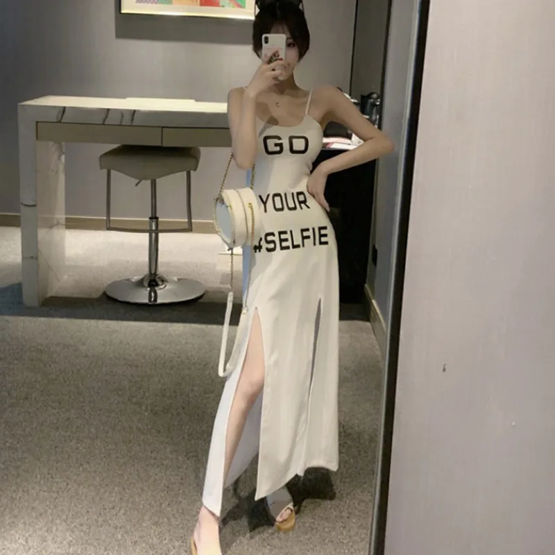 

Women Sexy Spaghetti Strap Dress Fashion Letter Print Sleeveless Summer Long Dress Female Side Slit Casual Women Dress Vestido