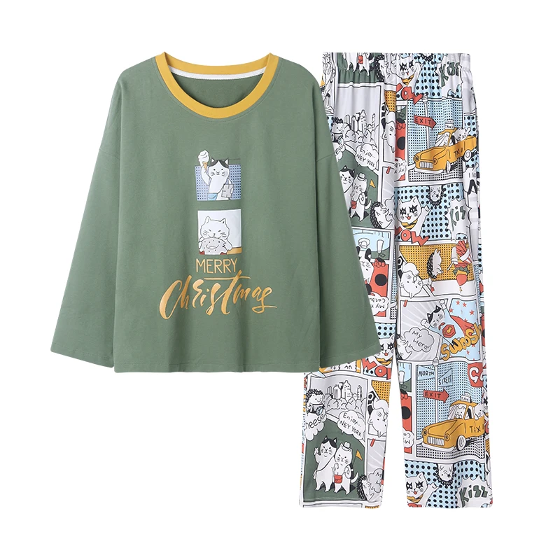 

Couple Pajamas Set Cute Green Cartoon Sleepwear Cotton Nightwear Round Neck Long Sleeves Loose Pyjama Women Autumn Warm Homewear