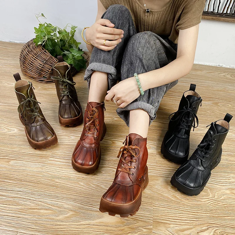 

Birkuir Women Platform Boots Genuine Leather Ankle Boots Fashion Punk Motorcycle Boots Chunky Thick Bottom Shoes Ladies Boots