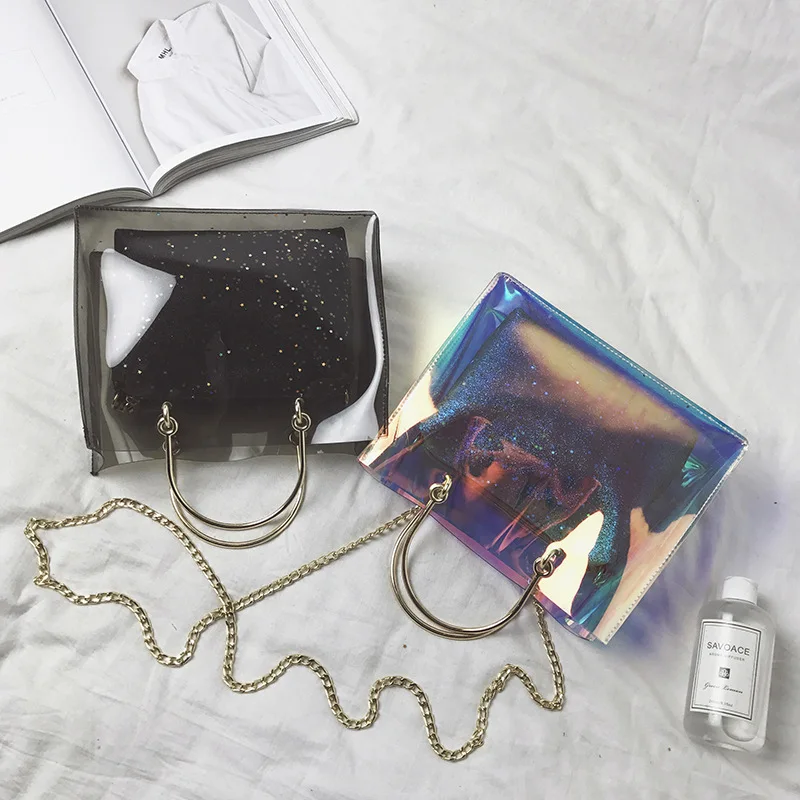 Лазерная прозрачная Желейная сумка женская модная металлическая цепочка ручная