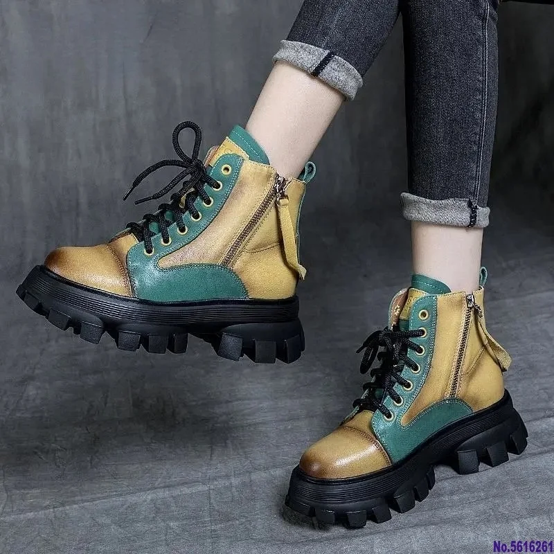 Модные ботинки женская обувь на платформе винтажные кожаные в стиле ретро