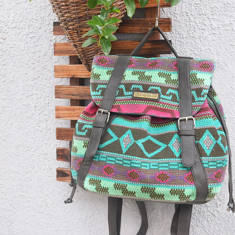 LILY QUEEN винтажный женский рюкзак Boho на шнурке, хиппи, школьные сумки, Холщовый Рюкзак