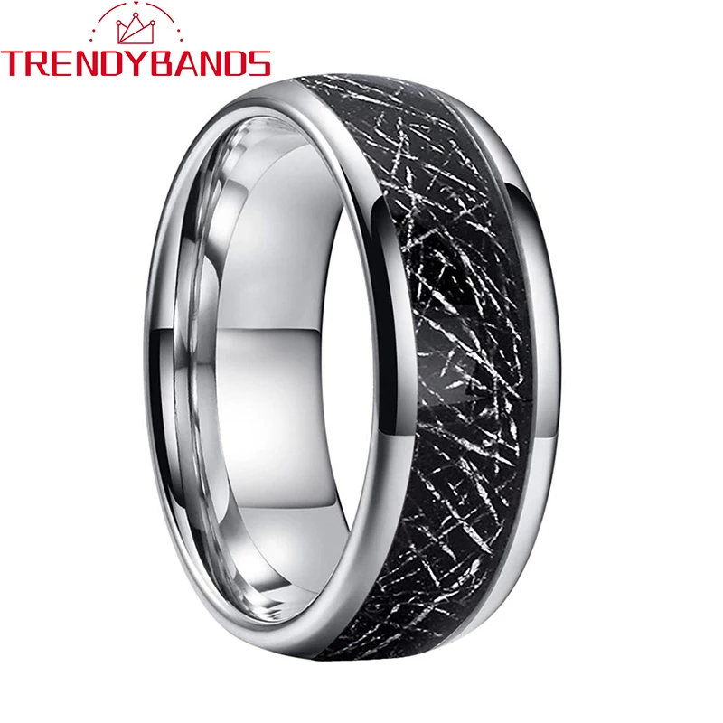 

8mm Tungsten Carbide Ring For Men Women Wedding Band Black Meteorite Inlay Domed Comfort Fit