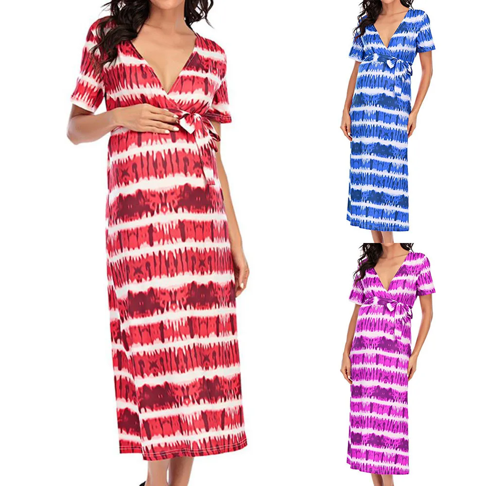 

Striped Casual Summer Maternity Dress Pregnant Short Sleeve Mini Vestidos Breastfeeding Pregnancy Clothes