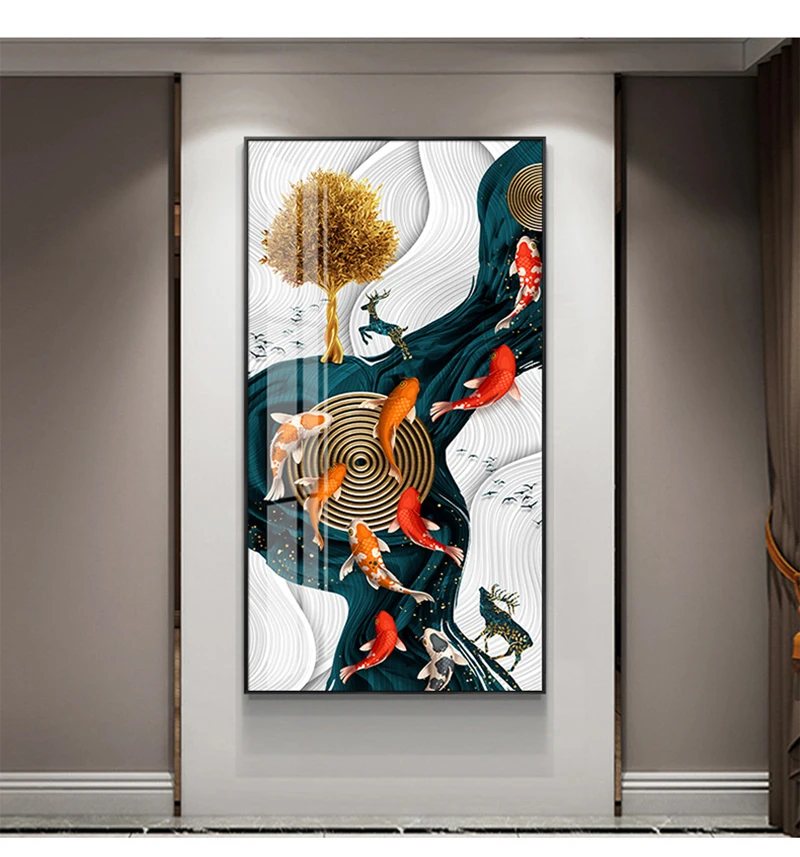 Золотистый красный карп олень ежегодное кольцо Дерево Птицы Искусство на холсте