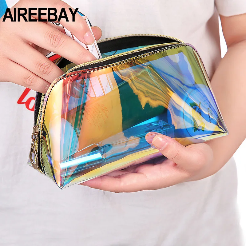 AIREEBAY Лазерная косметичка модный фирменный дизайн голографический прозрачный чехол для макияжа прозрачный, с застежкой на молнии кошелек сумка для туалетных принадлежностей