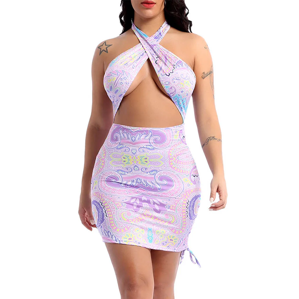 

Women Stylish Multi Color Bandage Dress Bodycon Halter Hollow Out Drawstring Pleated Dresses Sexy Young Style Party Club Outfits