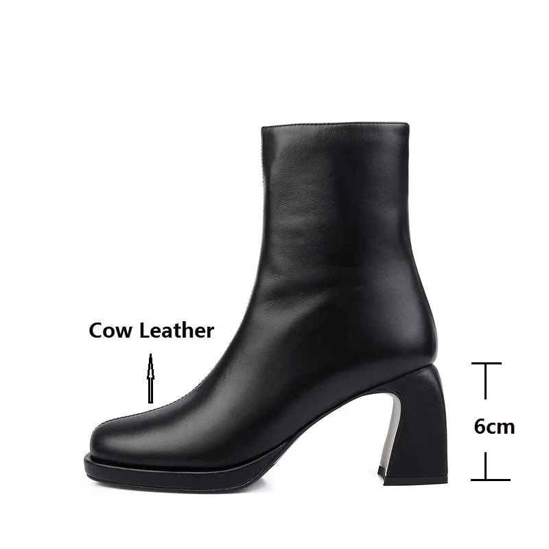 

High Quality Handmade Natural Cow Leather Boots Women Female Thick High Heels Square Toe Black White Ankle Boots Woman Lady Shoe