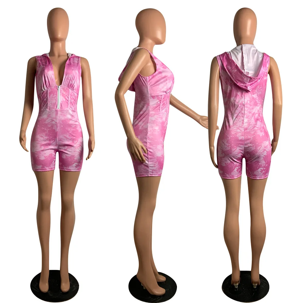 

New fashion sexy slim tie dye printed one-piece pants summer casual deep V-neck sleeveless women's Vest shorts