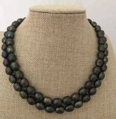 

double strands 9-10mm tahitian black green baroque pearl necklace 18"19"
