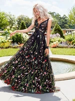 rocwickline new summer and autumn womens dress ball gown embroidery office lady floral v neck spaghetti strap slim elegant
