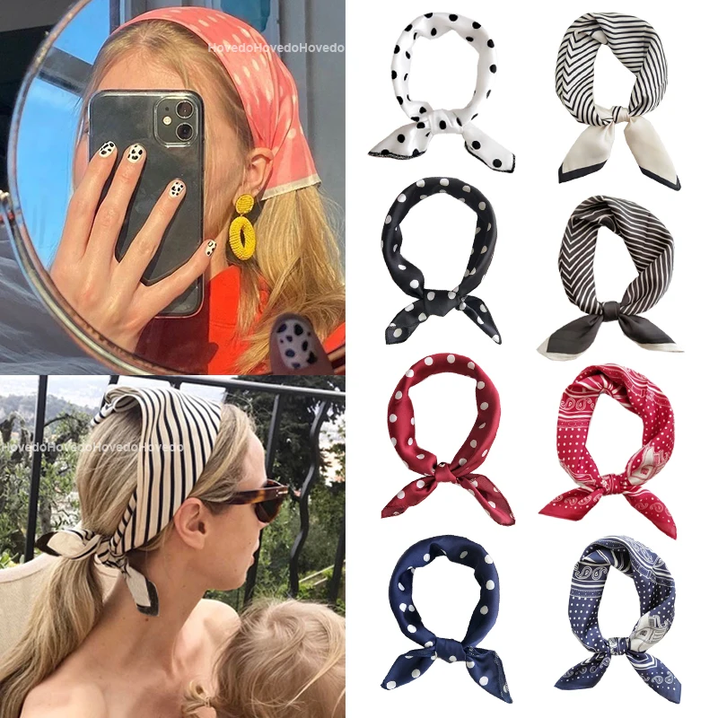 Квадратный шелковый шарф бандана в горошек полоску женский шейный платок