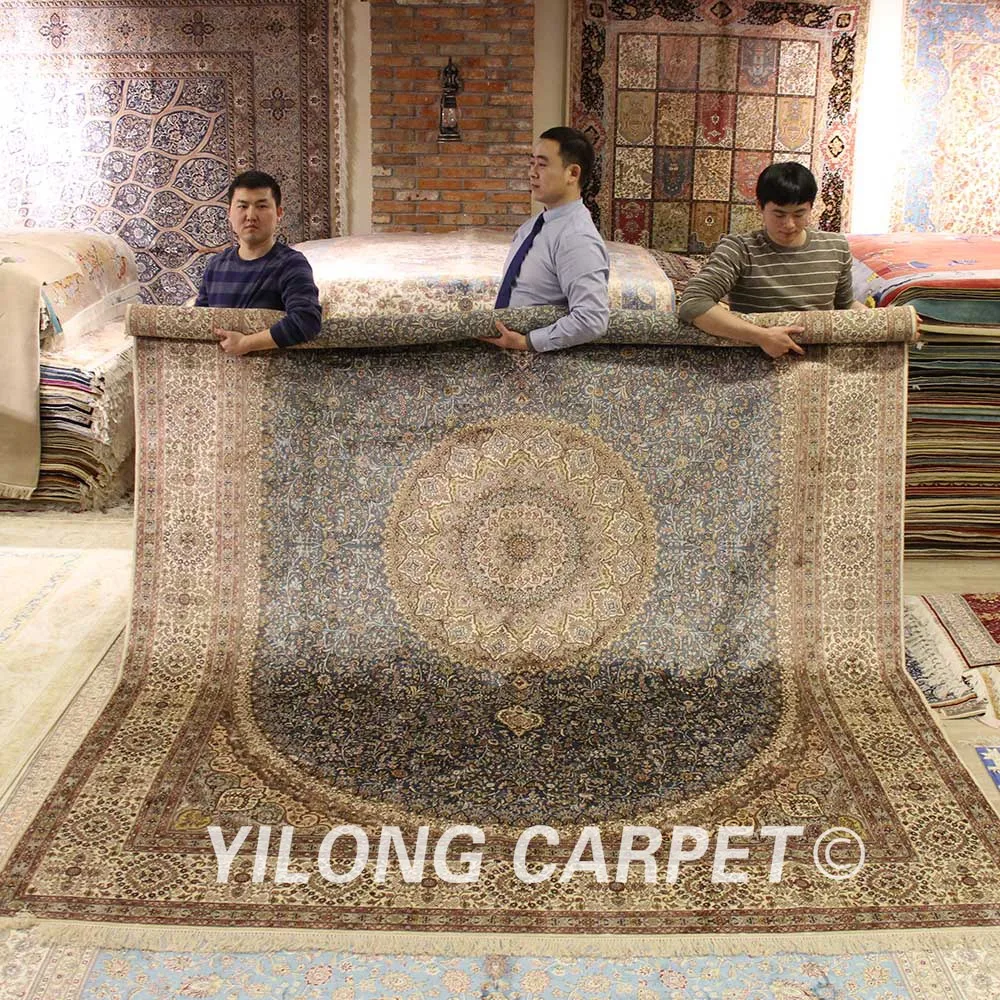 YILONG 9 'x 12' Классический шелковый коврик в персидском стиле синий Медальон
