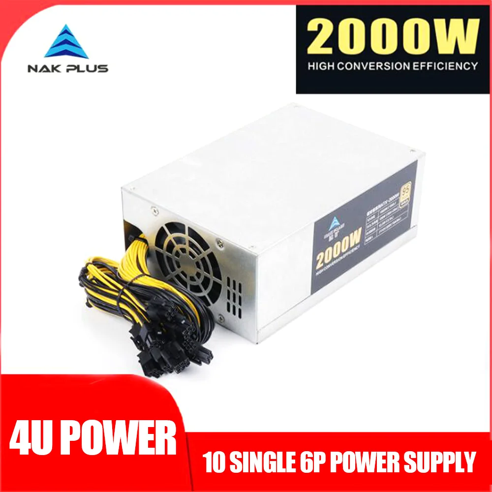 

2000W ETH Mining Machine Power Supply 4U Single Power Supply 10 x 6pin 95% Efficiency Support Multi-GPU For Bitcoin Mining