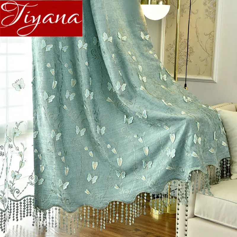 Американский кантри штора синель романтическая Зеленая бабочка вышивка