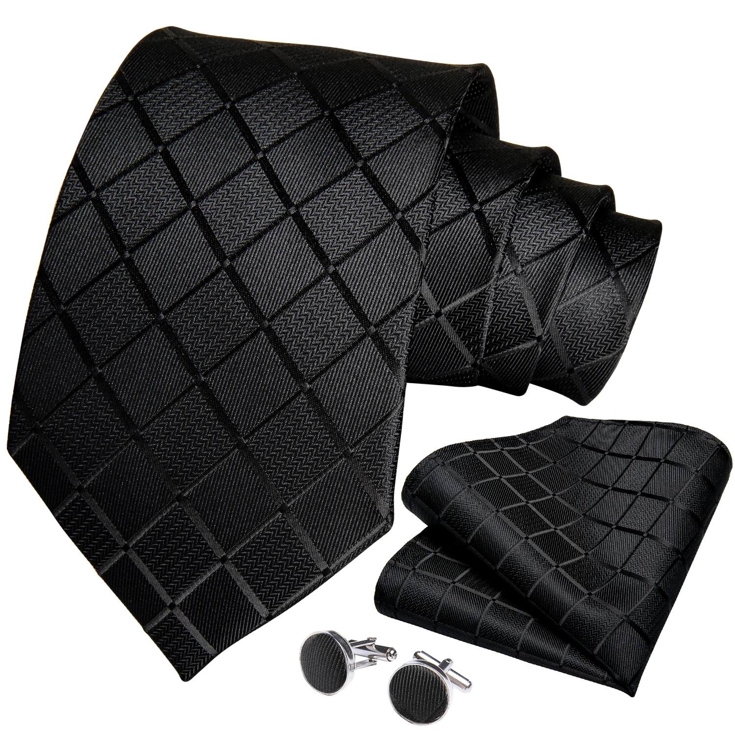 DiBanGu Business Plaid Black Solid Luxury Elegant Silk Ties for Men Designer Tie Buckle Handkerchief Cufflinks Wedding Accessori