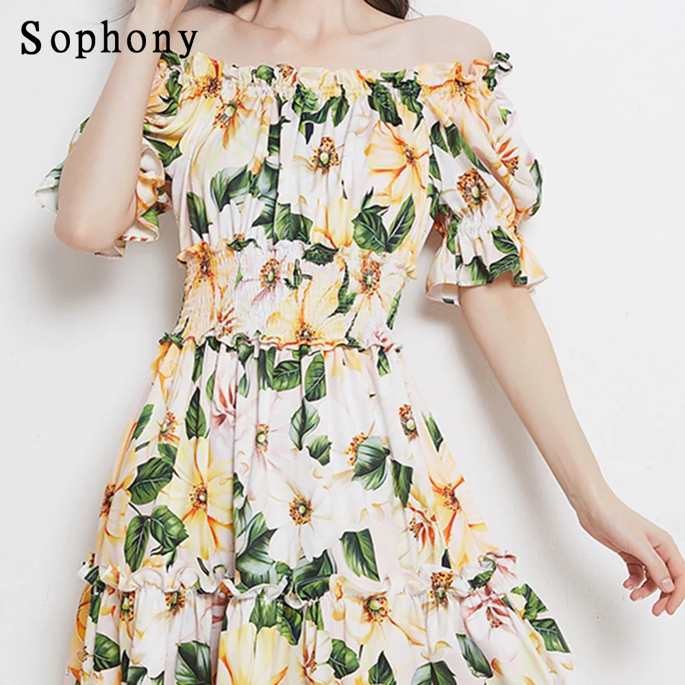 

Sophony Fashion Off Shouler Women Dress 2021 Summer Runway Ruffles Slash Neck Rose Flower Print Elegant Party Dress S7366