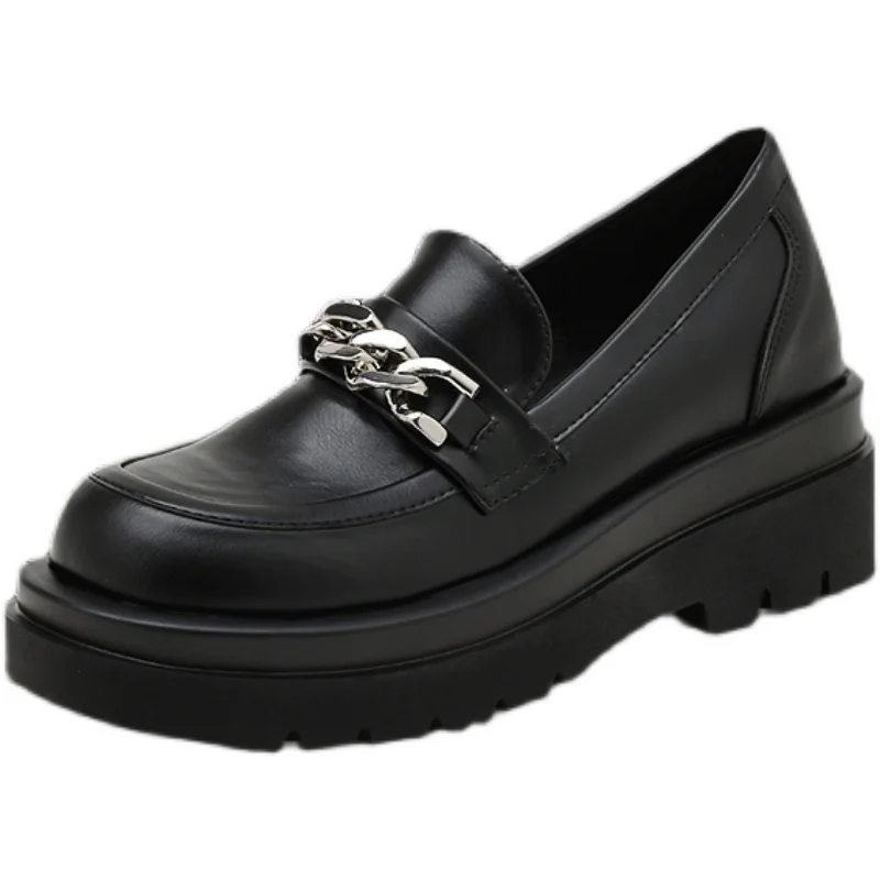 

Small leather shoes women 2021 new spring and autumn all-match British style chain single shoes women black platform shoes