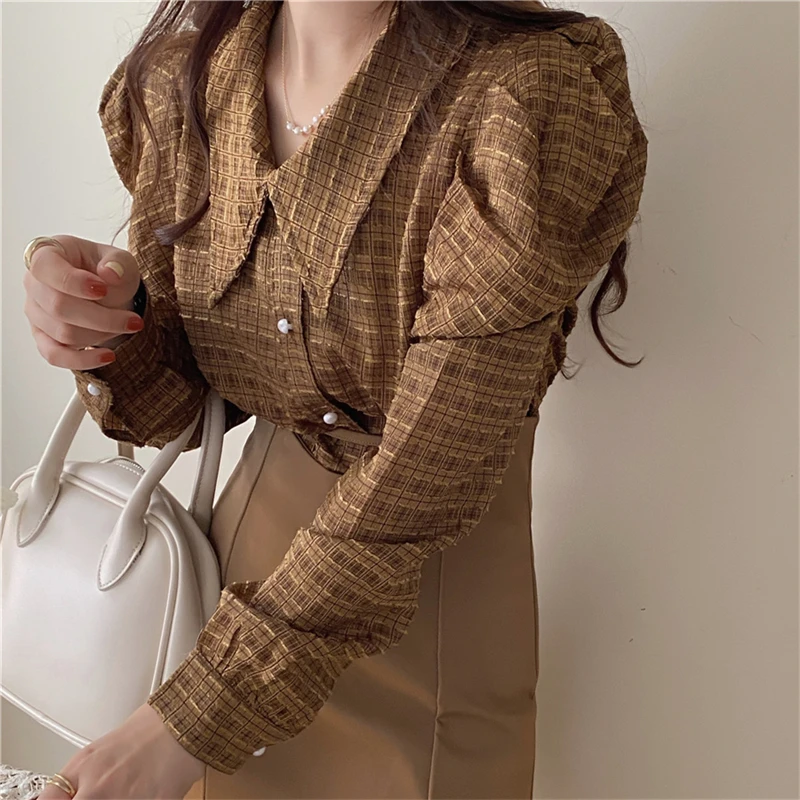 Женская Повседневная винтажная клетчатая рубашка с длинным рукавом мини-юбка