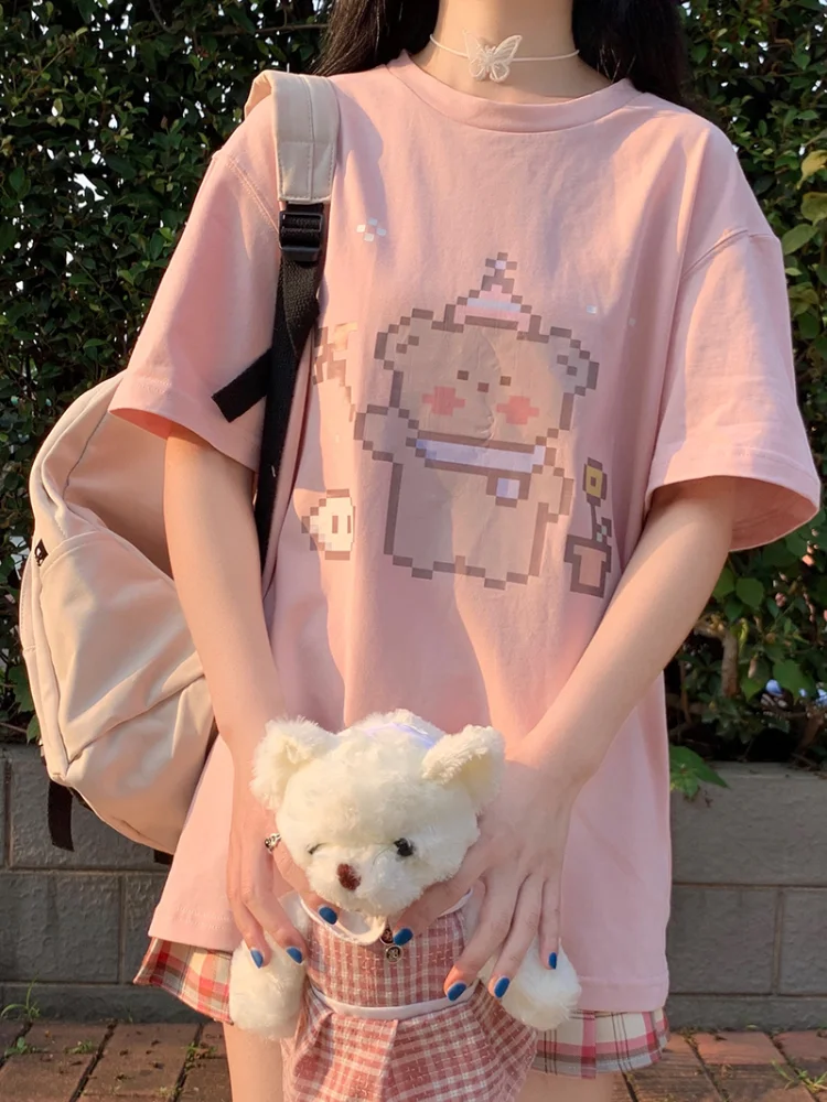 

Spring and Summer Women's Short Sleeve T-shirt Cute Pink Cartoon Bear T-shirt Female Students Japanese Casual Loose Tops