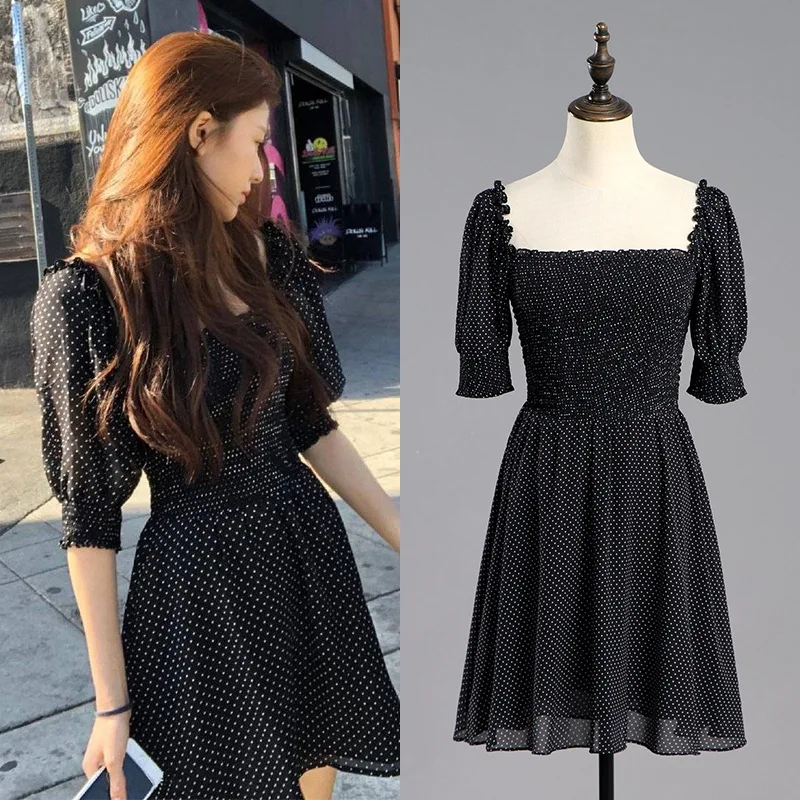 Polka Dot Summer Dress 2020 Square Collar Half Puff Sleeve Vacation Sexy Mini Tunic Women Sundress Robes Vestidos | Женская одежда