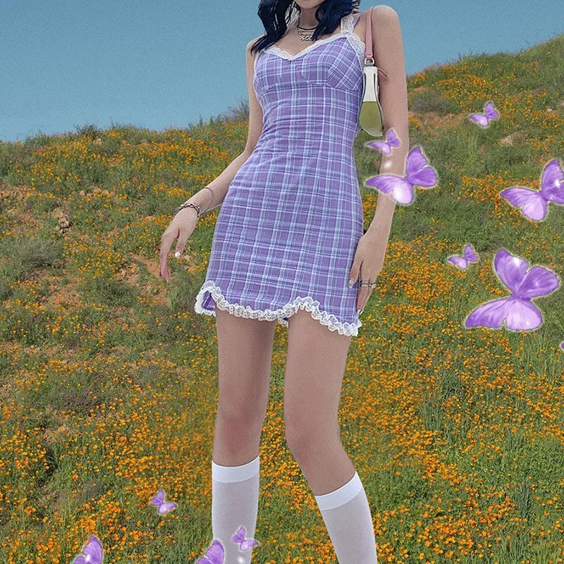 

Cute Sweet Lace purple Plaid Strap Dress Women Summer Fashion Sexy Party Birthday Soft Cotton Mini Bodycon Dress Women