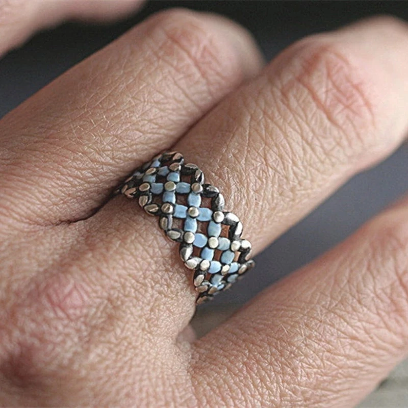 

Retro Fashion Style Woven Flowers Blue Silver Color Women Rings Wedding Engagement Wild Ring Prom Jewelry