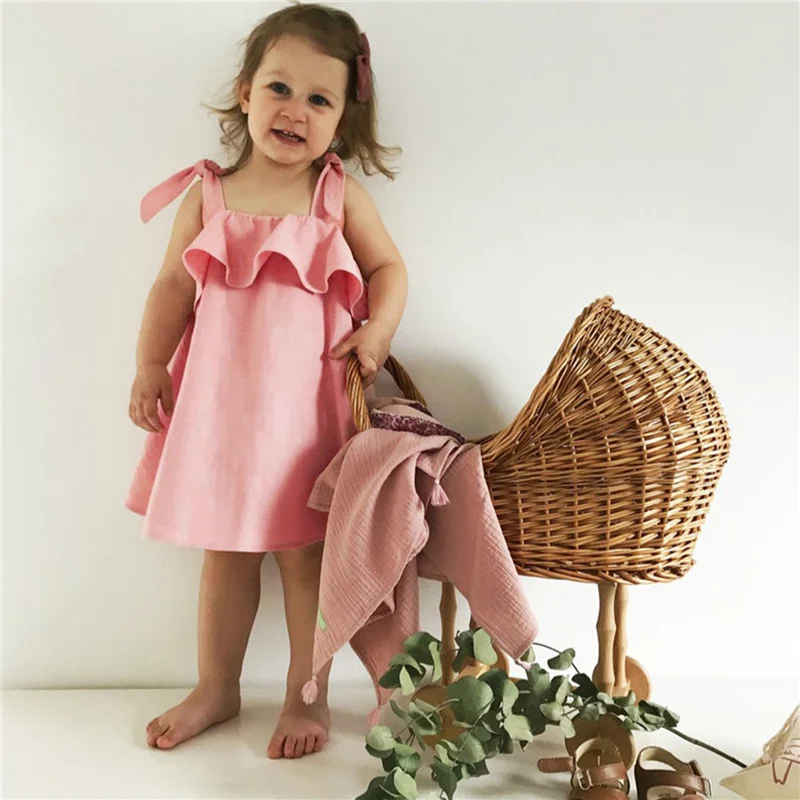 

Kids Dress, Girls Solid Color Sleeveless Strappy 1Pc Sundress for Summer, White/Pink, 1-6 Years