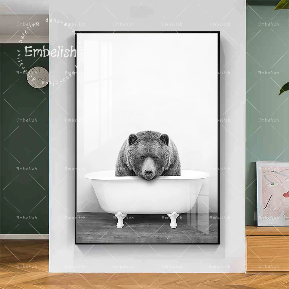 

1 Pieces Black And White Cute Bear Animal In The Bathtub Print Canvas Painting Kids Childrens Living Room Pictures Postes