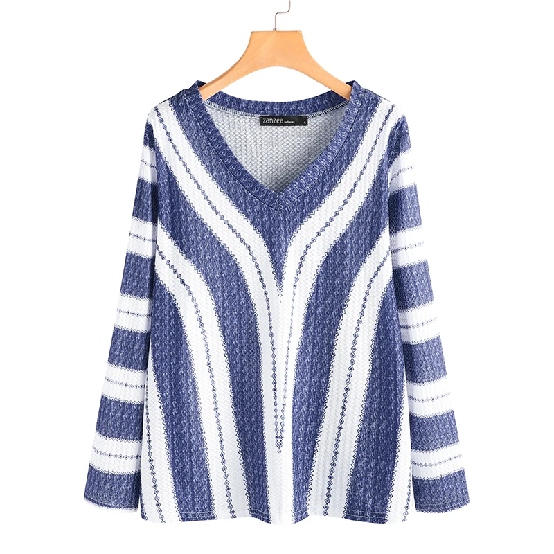 ZANZEA Women Blouse Deep V Striped Thin Sweater Autumn Knitwear Tops Casual Long Sleeve Shirt Jumper Pull Femme Pullover Blusas | Женская