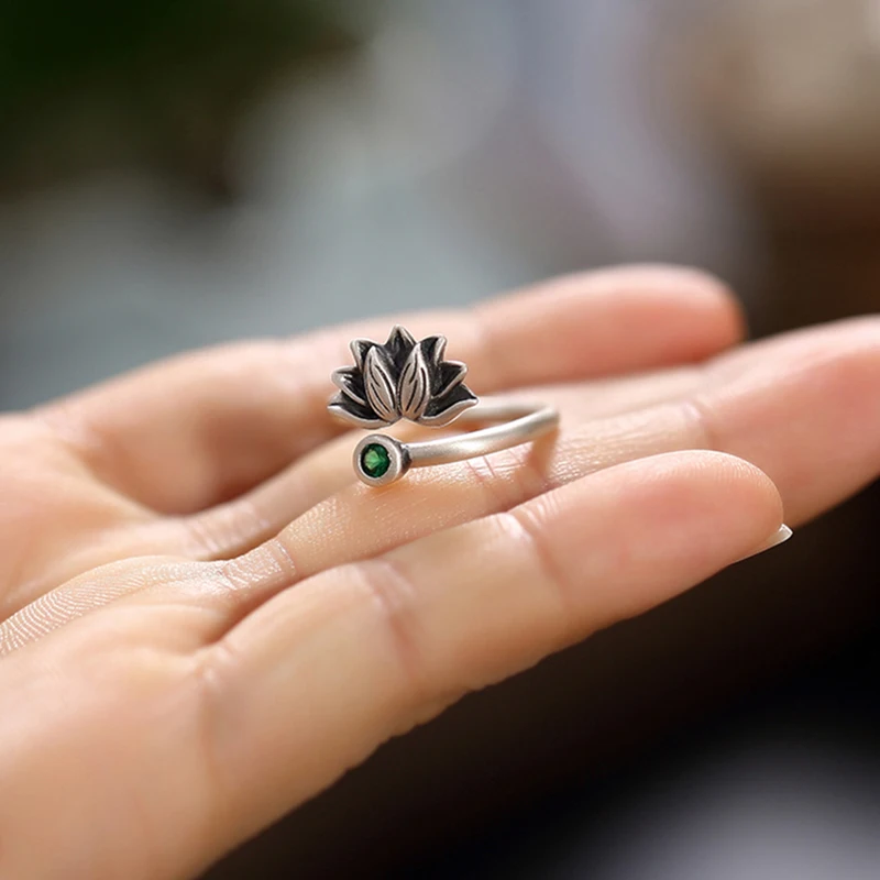 BALMORA 925 Sterling Silver Lotus Flower Open Rings for Women Men Gift Green Zircon Vintage Ring Jewelry Anillos | Украшения и