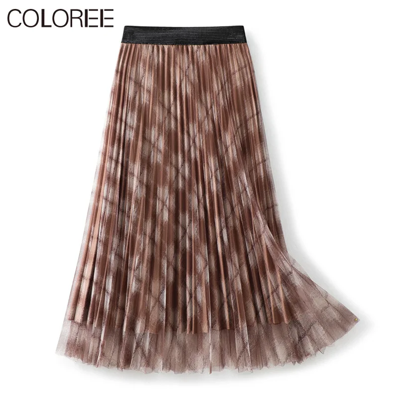 

2021 Vintage Plaid Skirts Womens Spring Summer Korean Style Fashion Elegant Draped Pleated Midi Skirt Female