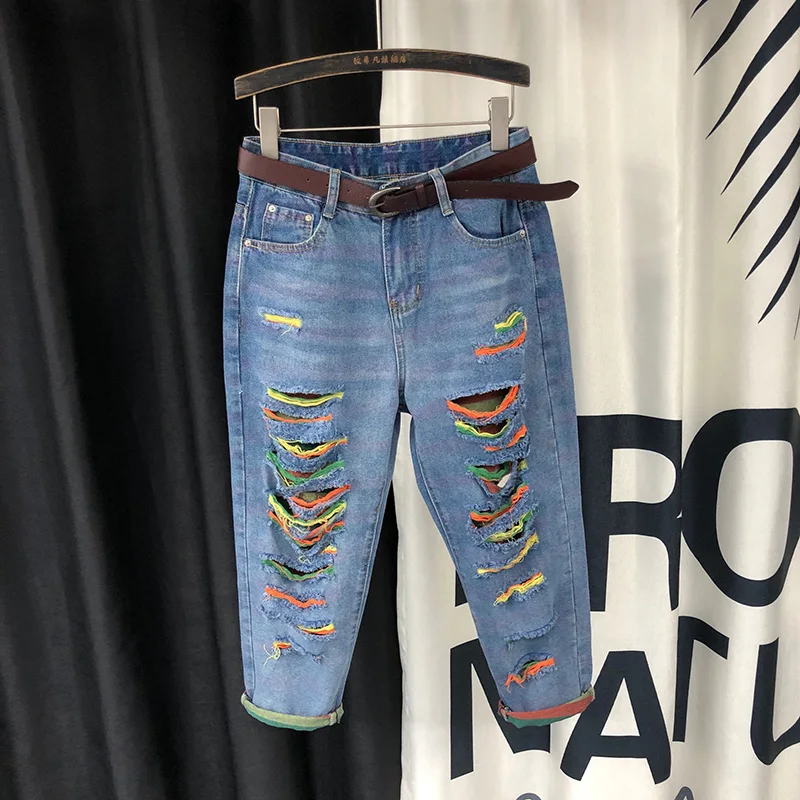 

Sexy Ripped Jeans Fringe Hollow Out Ruffle Denim Pants High Waist Hole Women Trousers Club Outfits Harem Femme