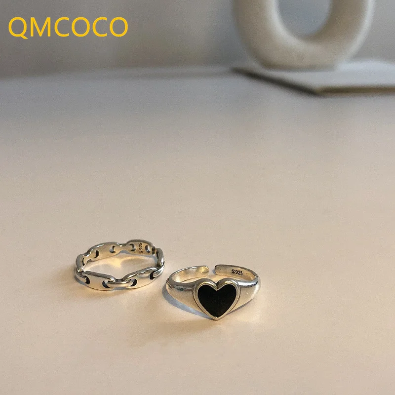 

QMCOCO Korean Fashion Silver Color Rings For Women Couples Vintage Handmade Black LOVE Heart-Shape Birthday Party Jewelry Gift