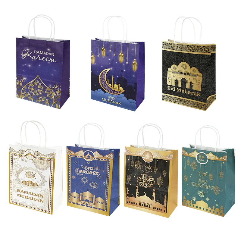 

5Pcs/lot Gift Bag Ramadan Kraft Paper Bag Muslim Eid Mubarak Golden Tote Bags for Festival Happy Al-Fitr Eid Party Supplies