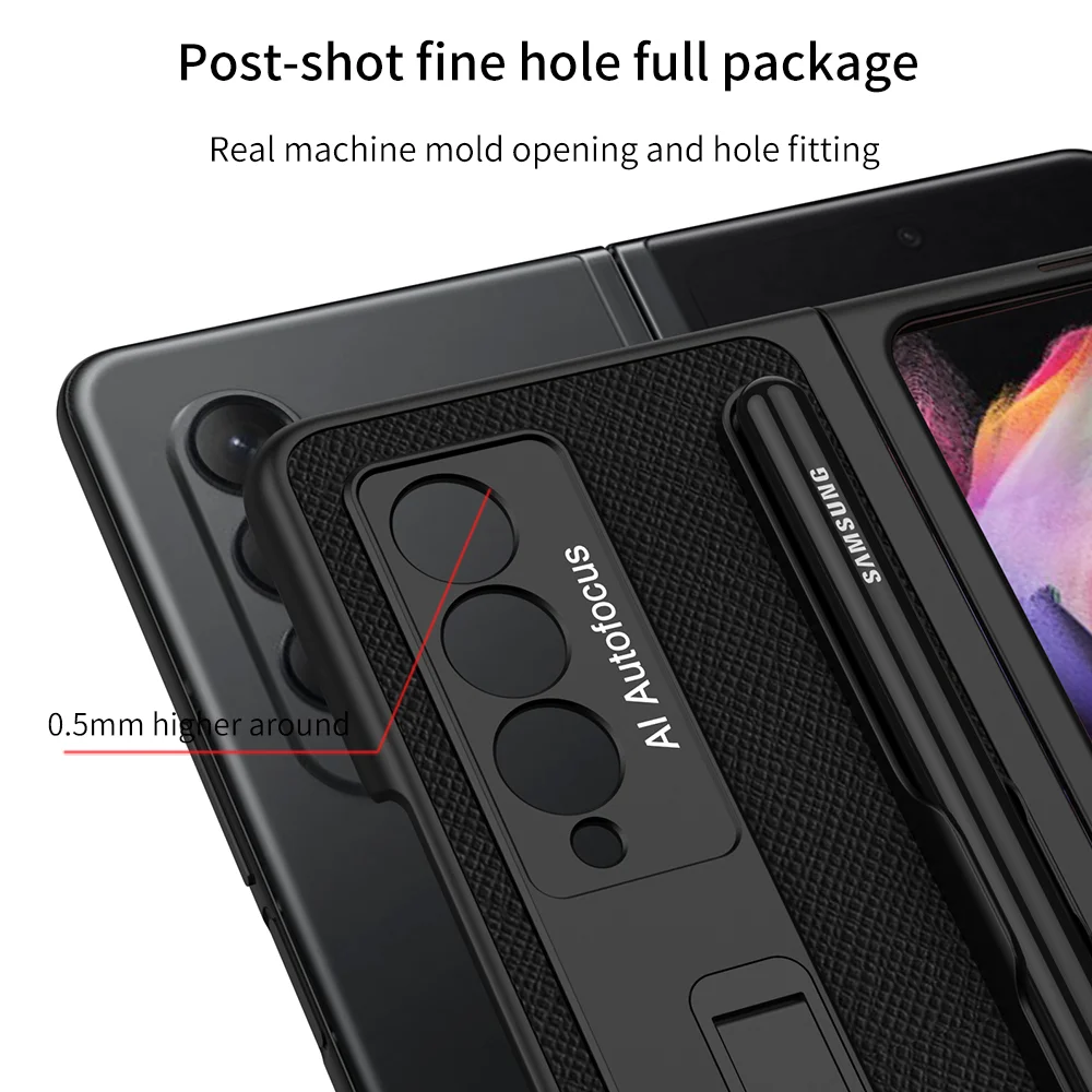 leather kickstand pen holder case for samsung galaxy z fold 3 5g phone case bracket with pen slot hard full protection cover free global shipping