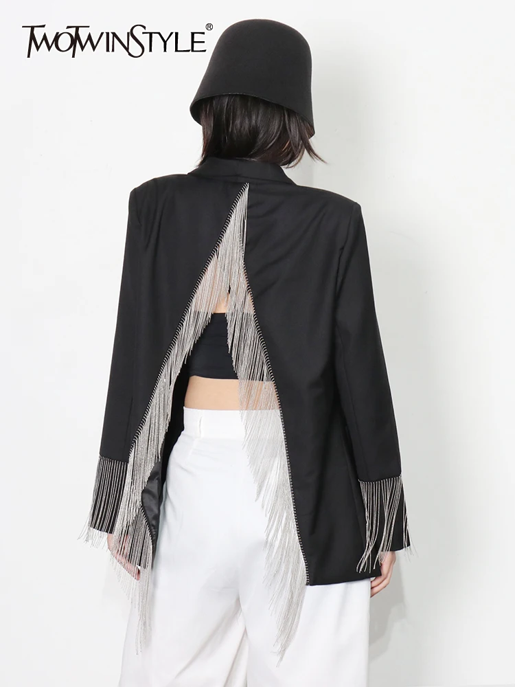 

Женский блейзер с кисточками TWOTWINSTYLE, Черный Повседневный блейзер с длинным рукавом и отложным воротником, с открытой спиной, на осень
