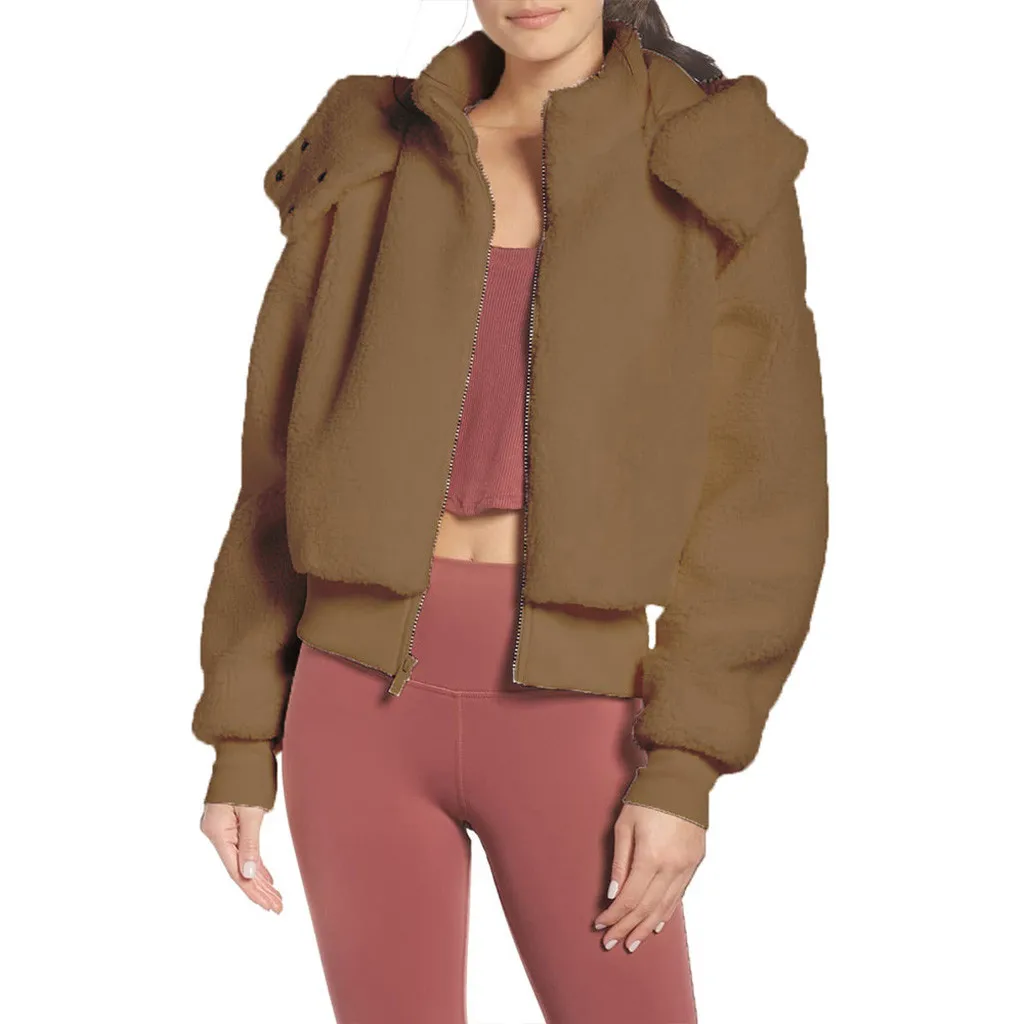 

Teddy Winter Women Jackets And Coats Long Sleeve Slim Crop Top Women Pockets Warm Casual Short Jacket Women T3